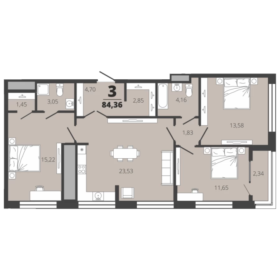 Купить трехкомнптную квартиру 84,36 кв. м. в ЖК Вега, Рязань, Центр, 2 этаж, 3 секция